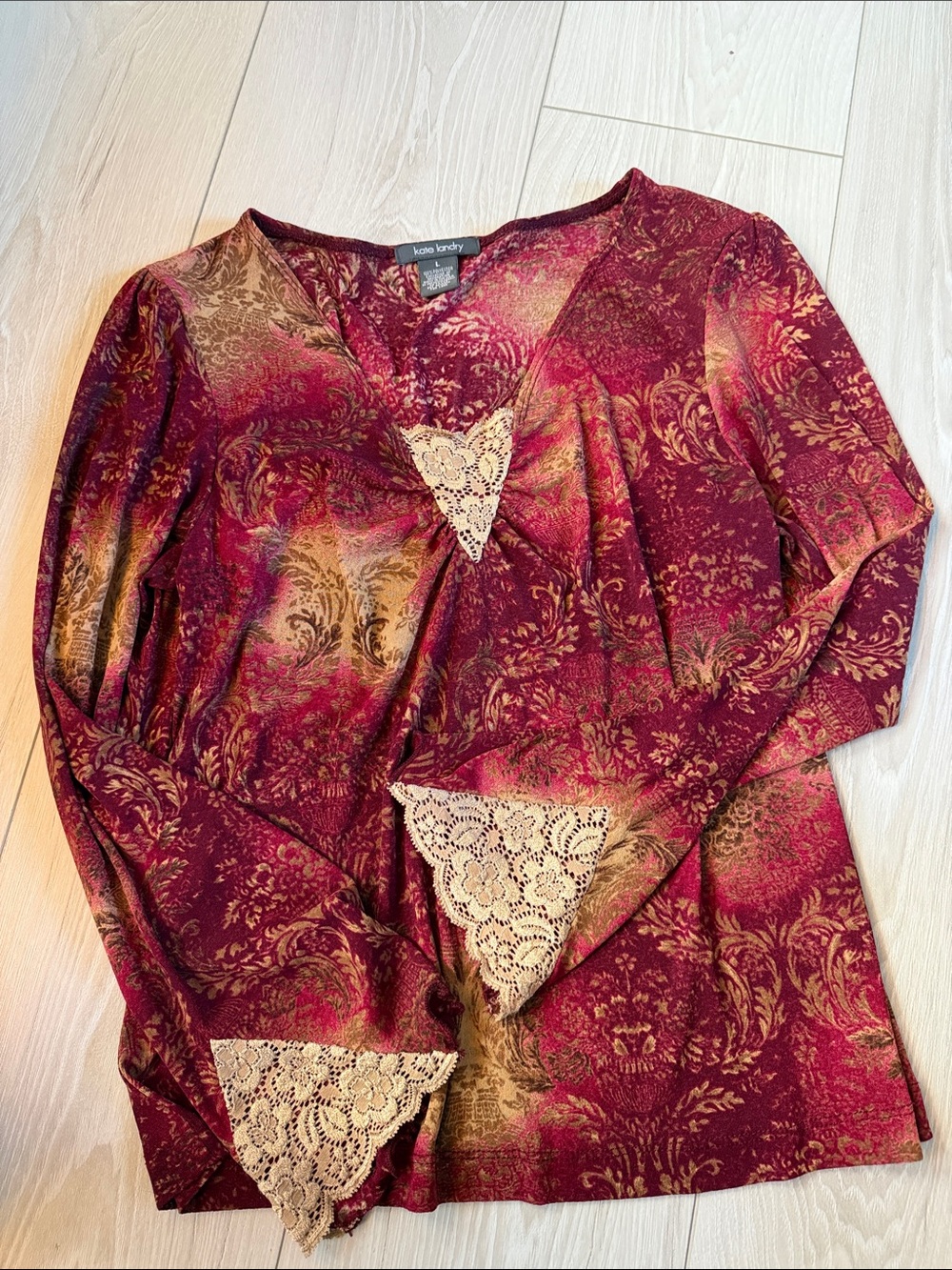 Kate Landry Burgundy & Gold Lace-Trim Long Sleeve V-Neck Top